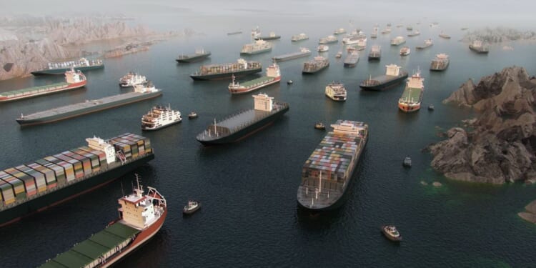 Cargo vessels sit in congested traffic in the Strait of Hormuz on March 25, 2026.