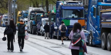 Trucks and tractors block O'Connell Street in the center of the city, as protests continue for a third day against the rising cost of fuel due to the Middle East crisis, in central Dublin on April 9, 2026.