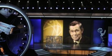 Late night host David Letterman makes a tribute to Johnny Carson onstage at the 57th Annual Emmy Awards held at the Shrine Auditorium on Sept. 18, 2005, in Los Angeles, California.