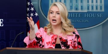 White House Press Secretary Karoline Leavitt answers questions during a news briefing at the James S. Brady Press Briefing Room of the White House on March 30, 2026 in Washington, DC.
