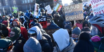 Protesters against Immigration and Customs Enforcement converge on the Whipple Federal Building in Minneapolis on Jan. 29.