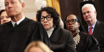 Supreme Court Chief Justice John Roberts, Supreme Court Associate Justice Sonia Sotomayor, and Associate Supreme Court Justice Ketanji Brown Jackson listen as President Donald Trump speaks during inauguration ceremonies in the Rotunda of the U.S. Capitol on Jan. 20, 2025, in Washington, D.C.