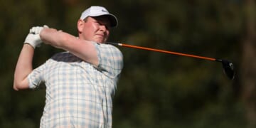 Robert MacIntyre of Scotland plays his shot Thursday from the 11th tee during the first round of the 2026 Masters Tournament at Augusta National Golf Club in Augusta, Georgia.