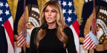 First lady Melania Trump, pictured speaking in a March 12 photo from the East Room of the White House.