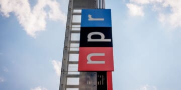 A sign outside the National Public Radio headquarters on July 22, 2025 baring the NPR logo in Washington, DC.
