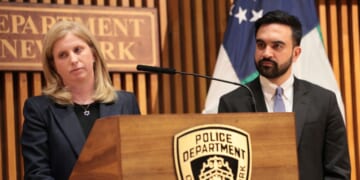 NYPD Commissioner Jessica Tisch speaks as New York Mayor Zohran Mamdani listens during a news conference on April 2, 2026, in New York City.