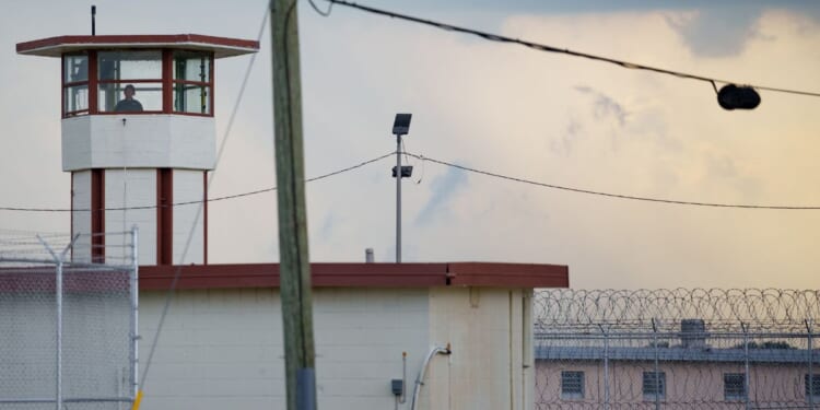 A Louisiana corrections officer looks out from a tower by Camp 57 at Angola Prison, the Louisiana State Penitentiary and America's largest maximum-security prison farm, in West Feliciana Parish, Louisiana, near the town of St. Francisville on Sept. 3, 2025.