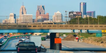 An interstate highway near the city of Detroit, Michigan.