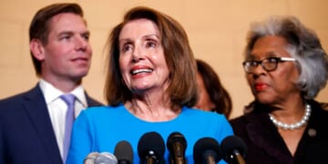Then-House Minority Leader Nancy Pelosi, a California Democrat, is seen in a file photo from Nov. 28, 2018, with fellow Democrats Rep. Eric Swalwell, of California, and Rep. Joyce Beatty of Ohio. Until he announced his resignation in disgrace Monday, Swalwell was a familiar sight in Democratic Party photo ops on Capitol Hill, but none of his colleagues will admit to knowing anything about his alleged sexual aggression against multiple females.