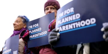 Planned Parenthood protesters stand outside of Moakley Federal Courthouse on November 12, 2025.