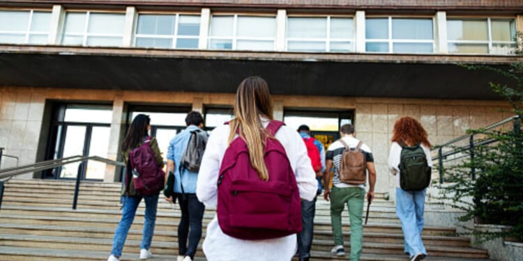 Students walk up the steps of a schoolhouse.