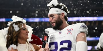 Diana Russini, left, interviews Harrison Smith #22 of the Minnesota Vikings on Netflix after the game against the Detroit Lions on Dec. 25 in Minneapolis, Minnesota.