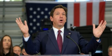 Florida Gov. Ron DeSantis speaks during a press conference held at the ICE-Enforcement and Removal Operation office on May 1, 2025, in Miramar, Florida.