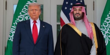 President Donald Trump and Crown Prince and Prime Minister Mohammed bin Salman of Saudi Arabia pause for photographs along the West Wing Colonnade at the White House on Nov. 18, 2025, in Washington, D.C.