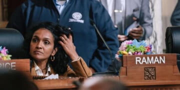 Councilwoman Nithya Raman sits at a dais on June 11, 2024.