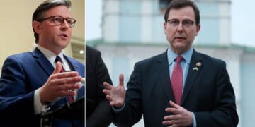 House Speaker Mike Johnson, left, said GOP Rep.Thomas Kean Jr., pictured at right in during a 2024 trip to Kyiv, Ukraine, has been absent because he's dealing with a health issue.