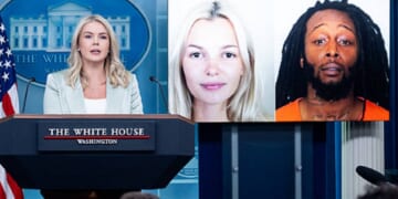 White House Press Secretary Karoline Leavitt is pictured in a September file photo with pictures of murder victim Iryna Zarutska and accused murderer Decarlos Brown Jr.