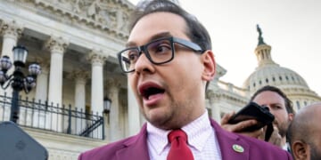 Disgraced former GOP Rep. George Santos of New York is seen speaking to reporters outside the Capitol in Washington, D.C., in a file photo dated May 17, 2023. Santos told conservative podcaster Benny Johnson that the House Congressional page program had to be shut down years ago because of lawmaker assaults on the teen participants.