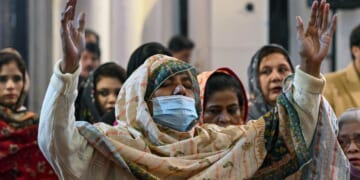 Christians pray and praise God in Peshawar in northwest Pakistan on Dec. 25, 2025.