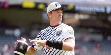 Tom Brady throws a football at the Fanatics Flag Football Classic at BMO Stadium on March 21, 2026 in Los Angeles.