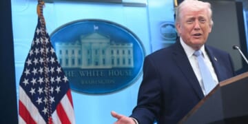 President Donald Trump talks about the Iran conflict in the James S. Brady Press Room of the White House in Washington, DC on April 6, 2026.