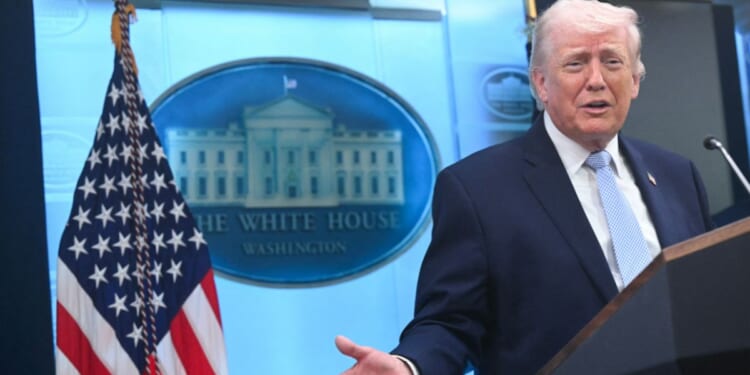 President Donald Trump talks about the Iran conflict in the James S. Brady Press Room of the White House in Washington, DC on April 6, 2026.