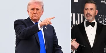 President Donald Trump said late-night host Jimmy Kimmel, right, should be fired for his "beyond the pale" remark.