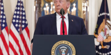 President Donald Trump pauses during a speech regarding the Iran war from the Cross Hall of the White House on April 1, 2026 in Washington, DC.