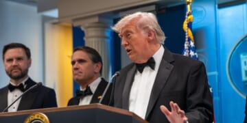 President Donald Trump speaks during a press conference in the Brady Briefing Room of the White House on April 25, 2026, in Washington, D.C.
