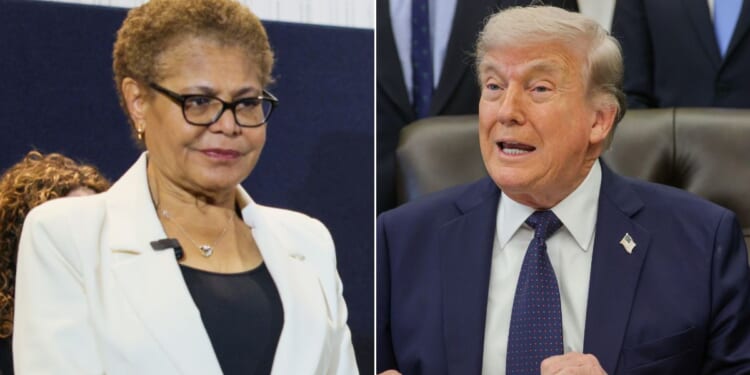 Los Angeles Mayor Karen Bass, left, met with President Donald Trump to ask for federal aid.