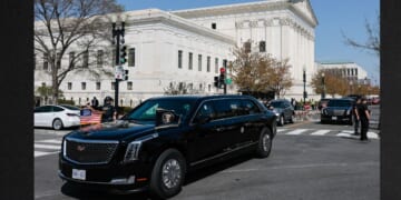 A motorcade carrying President Donald Trump departs the Supreme Court Wednesday after President Trump attended oral arguments in the birthright citizenship case.