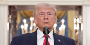 President Donald Trump pauses as he finishes speaking about the Iran war from the Cross Hall of the White House on Wednesday, April 1, 2026, in Washington, D.C.