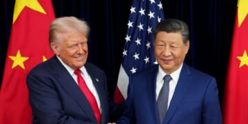 President Donald Trump greets Chinese President Xi Jinping ahead of a bilateral meeting at Gimhae Air Base on Oct. 30, 2025, in Busan, South Korea.