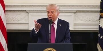President Donald Trump makes remarks as he hosts NCAA champion athletes during a NCAA Collegiate National Champions Day event in the State Dining Room at the White House on April 21, 2026, in Washington, D.C.