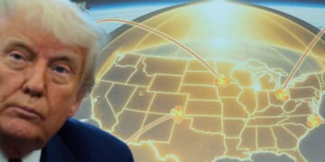 President Donald Trump speaks in front of a map of Trump's proposed "Golden Dome" missile defense system in the Oval Office at the White House on May 20, 2025, in Washington, D.C.