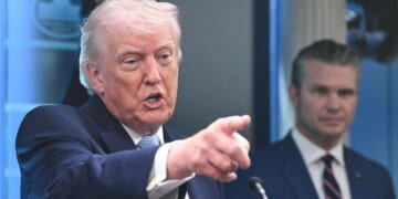 President Donald Trump, alongside Secretary of War Pete Hegseth, speaks about the conflict in Iran in the James S. Brady Press Briefing Room of the White House on April 6, 2026, in Washington, D.C.