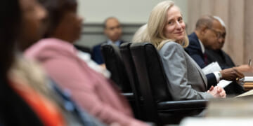 Gov. Abigail Spanberger looks at Chief Justice Cleo E. Powell during her investiture ceremony in the chamber of the Supreme Court of Virginia, on March 2, 2026. (Photo by Mike Kropf-Pool/Getty Images)