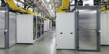 Graphics processing unit rows in Indonesian warehouse on February 4, 2026.