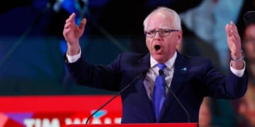 Minnesota's Democratic Gov. Tim Walz delivers a speech Saturday at the Global Progressive Mobilization summit in Barcelona, Spain.