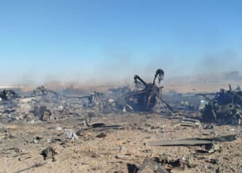 Wreckage is seen from what Iranian authorities say is a U.S. military helicopter that crashed during a mission to rescue the missing American pilot of an F-15E that was downed earlier this week, in a handout image provided on April 5, 2026, in an unspecified location in Iran.