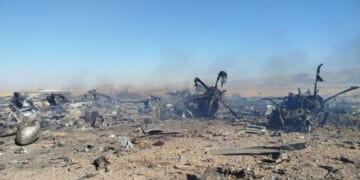 Wreckage is seen from what Iranian authorities say is a U.S. military helicopter that crashed during a mission to rescue the missing American pilot of an F-15E that was downed earlier this week, in a handout image provided on April 5, 2026, in an unspecified location in Iran.