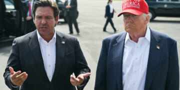 Gov. Ron DeSantis and President Donald Trump speak to reporters.