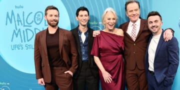 "Malcolm in the Middle" stars, from left, Christopher Masterson, Justin Berfield, Jane Kaczmarek, Bryan Cranston and Frankie Muniz were reunited for Hulu's "Malcolm in The Middle: Life's Still Unfair."