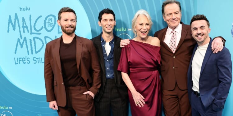 "Malcolm in the Middle" stars, from left, Christopher Masterson, Justin Berfield, Jane Kaczmarek, Bryan Cranston and Frankie Muniz were reunited for Hulu's "Malcolm in The Middle: Life's Still Unfair."