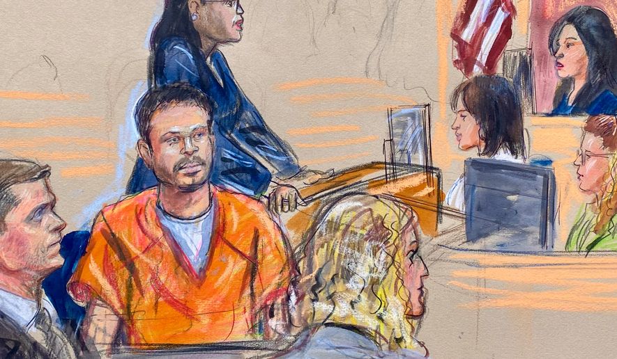 This courtroom sketch depicts Cole Tomas Allen, seated center, the California man arrested in the shooting incident at the correspondents' dinner in Washington, seen appearing before U.S. Magistrate Moxila Upadhyaya, in federal court, Thursday, April 30, 2026 in Washington. (Dana Verkouteren via AP)