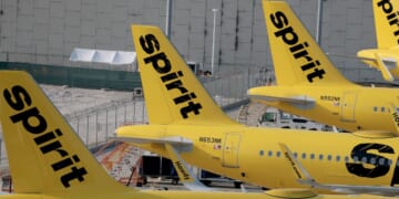 Spirit Airlines planes are parked on the tarmac at the Fort Lauderdale-Hollywood International Airport on May 2, 2026, in Fort Lauderdale, Florida.