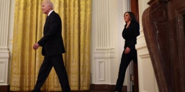 President Joe Biden and Vice President Kamala Harris walk into the East Room on May 20, 2021.