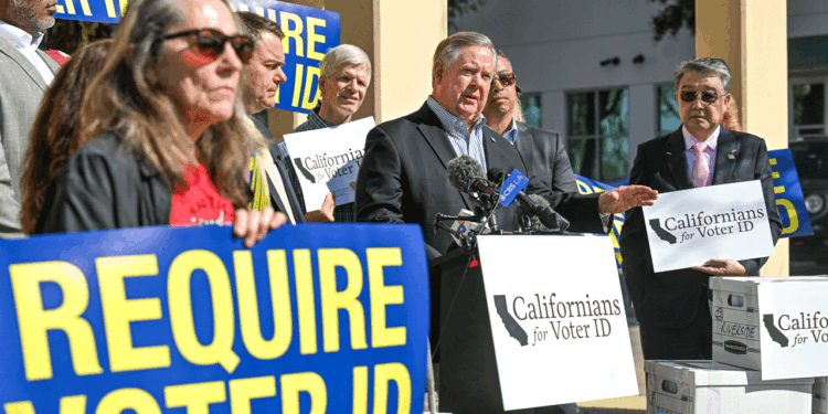 Congressman Ken Calvert speaks to an audience about requiring voter ID in California.