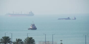 Boats navigate the sea on April 28, 2026, on Qeshm Island, Iran, in the Strait of Hormuz.