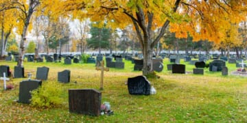 A cemetery sits in the daylight.